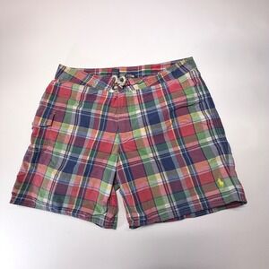 Polo Ralph Lauren Plaid Swim Trunks Men's 34 Multicolor Board Shorts Yellow Pony